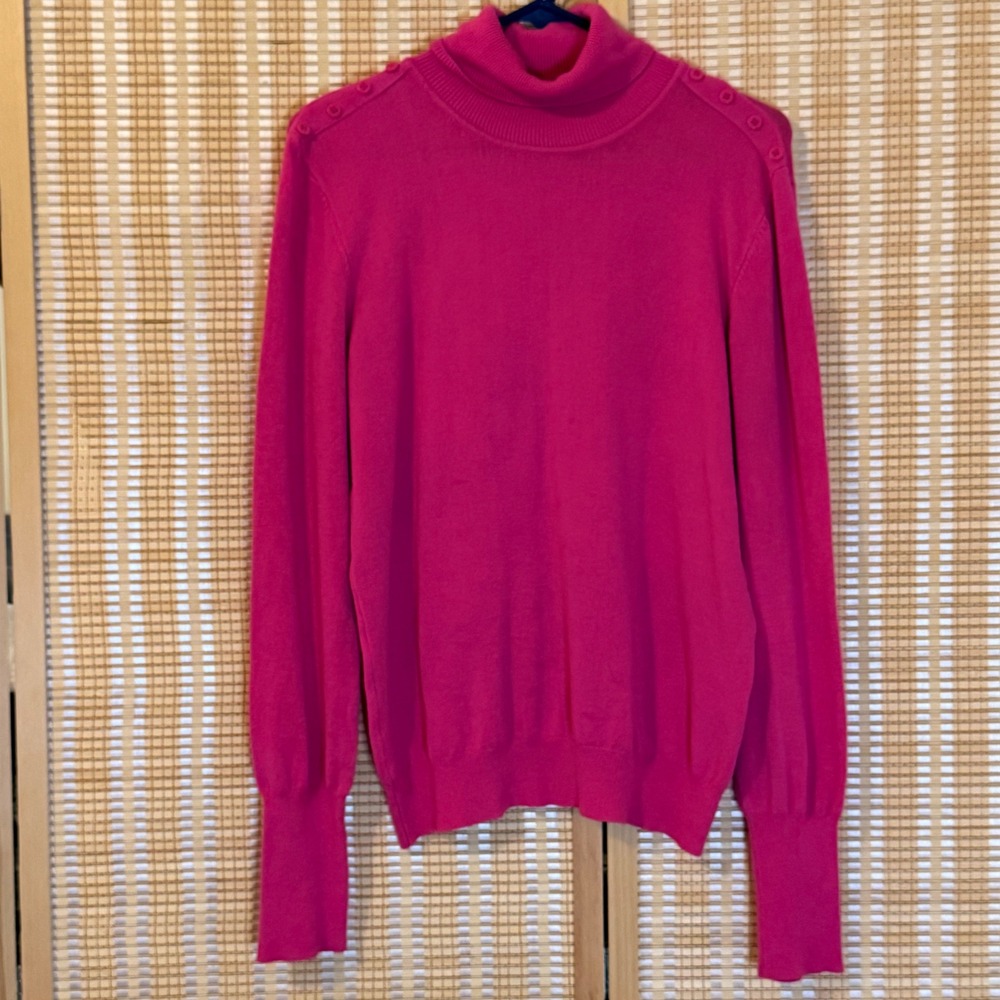 Joseph A Hot Pink Turtleneck Sweater Button Shoulder Detail Women Large Preppy